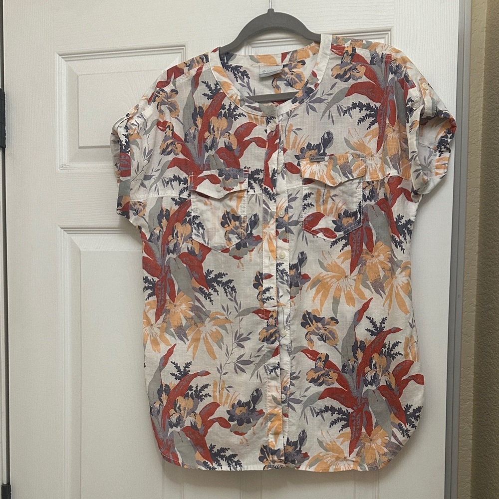 Columbia Floral Button-Up Shirt in Cream, Orange, Navy & Gray